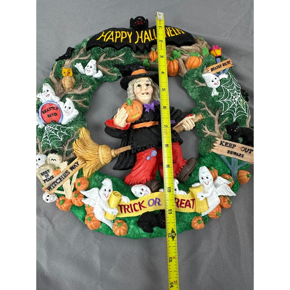 Jaimy Halloween Wreath Resin Witch Ghosts Pumpkins‎ Black Cats Owl Bat 12.5" Vtg - Picture 7 of 8